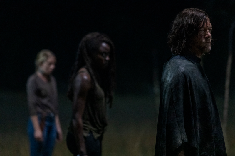 Daryl (Norman Reedus), Michonne (Danai Gurira), and Carol take a late-night meeting.